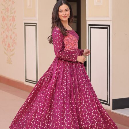 Women's Festive Berry Purple Printed Anarkali Gown with Intricate Zari Work & Embellished Yoke – Perfect for Traditional & Celebration Wear